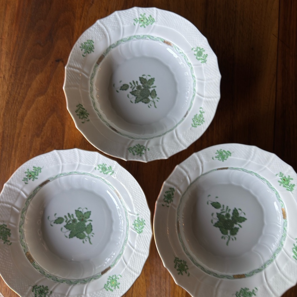 Vintage Herend Chinese Bouquet Green Rimmed Soup Bowls - Set of 3